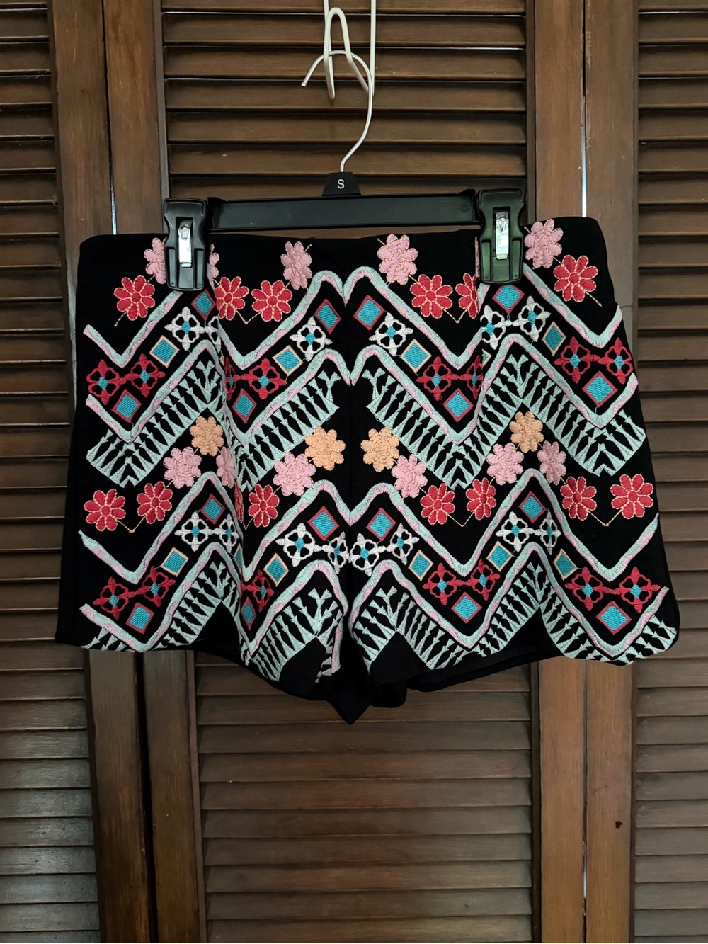 Lulu's Black Shorts with Pink & Peach Floral Chevron Embroidery